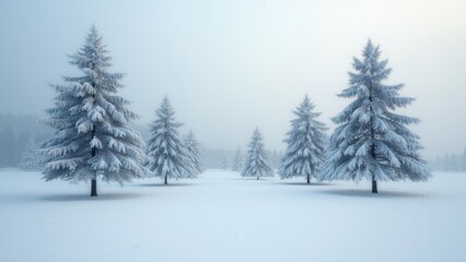 Snowy field with a row of pine trees. The trees are bare and covered in snow. The scene is peaceful and serene, with the snow creating a quiet and calm atmosphere