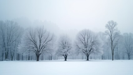 Fototapeta premium Snowy field with three trees in the foreground and a few more in the background. The trees are bare and covered in snow. The sky is cloudy and gray