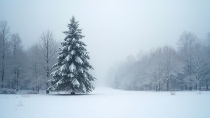Obraz premium Snow covered tree stands in a field. The sky is overcast and the snow is falling