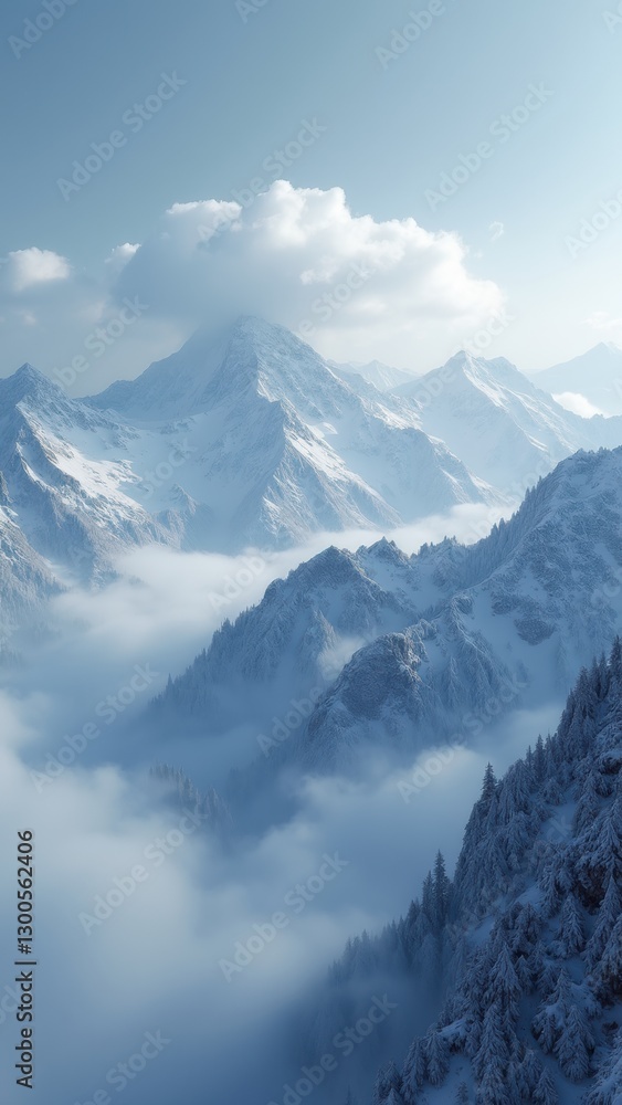 Poster the sky is cloudy and the mountains are covered in snow. the clouds are low and the mountains are ta