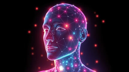 Digital Human Head with Glowing Connections and Dark Background