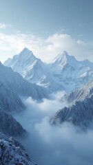 Fototapeta premium The mountains are covered in snow and the sky is clear. The clouds are low and the mountains are in the background