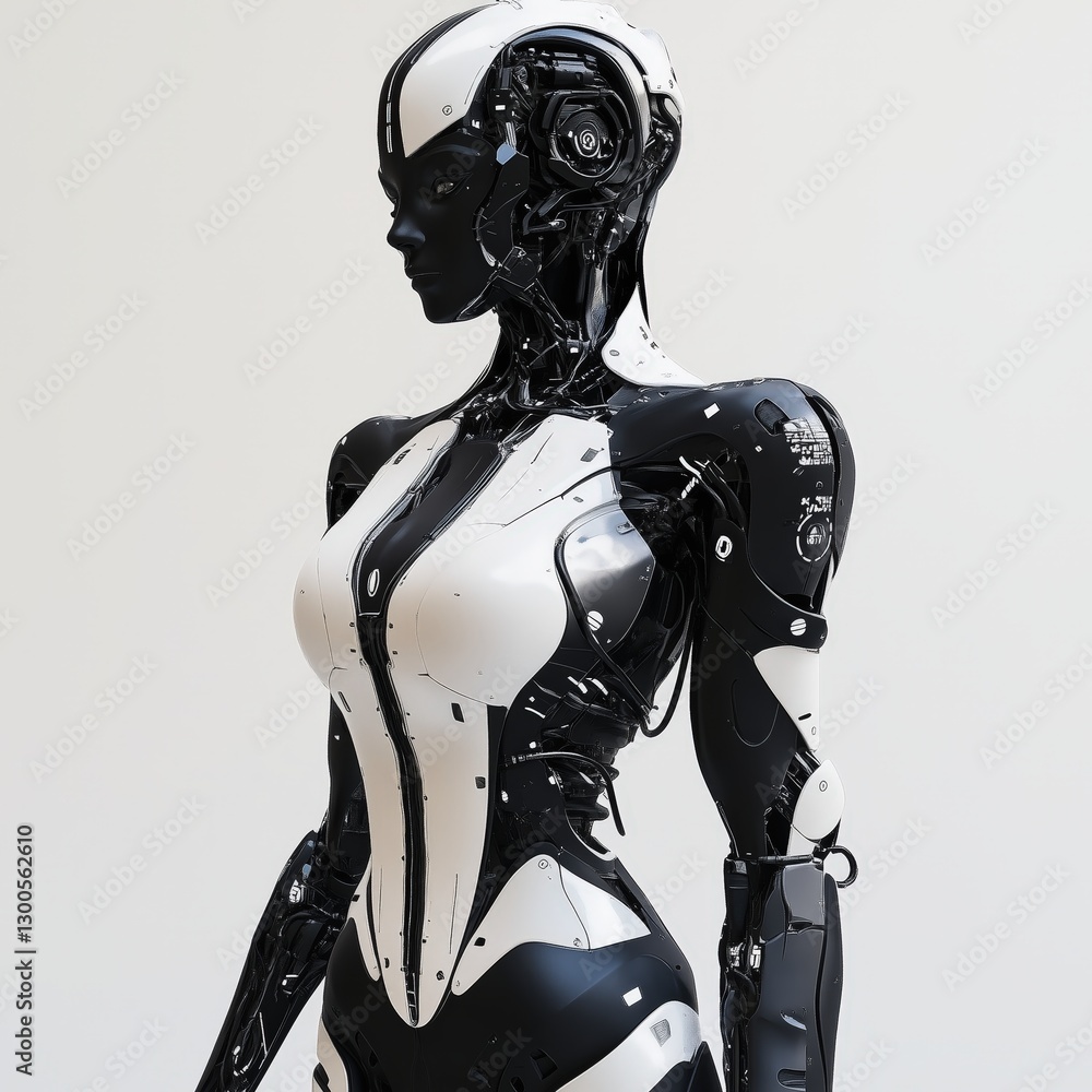 Poster sleek humanoid robot with and plating stands against a backdrop showcasing advanced robotics and fut