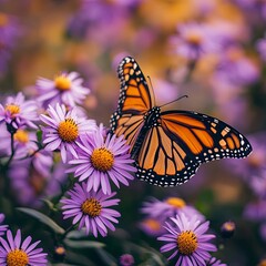 Obraz premium Monarch butterfly on purple aster flower in summer floral background. Female monarch butterflies in autumn blooming asters landscape panoramic banner.