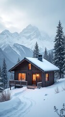 Cabin in the woods with a snow covered mountain in the background. The cabin is small and cozy, with a fireplace and a window. The scene is peaceful and serene