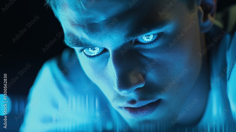 Poster close up of programmer with futuristic contact lenses controlling computer system, illuminated by bl