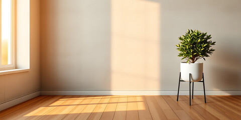minimalist mockup of a white wall adorned with a vibrant green plant on a polished wood floor,split-color background wall creating a lively and cheerful atmosphere of modern interior design.