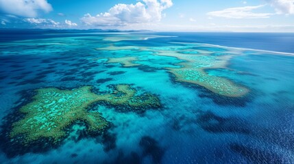 Fototapeta premium Turquoise Reefs Stretch Across Blue Ocean, White Clouds. Green Corals Shine Near Clear Waters in Calm Scenic View. Peaceful Shores Flow by Yellow Light in Colorful Tropical Paradise 