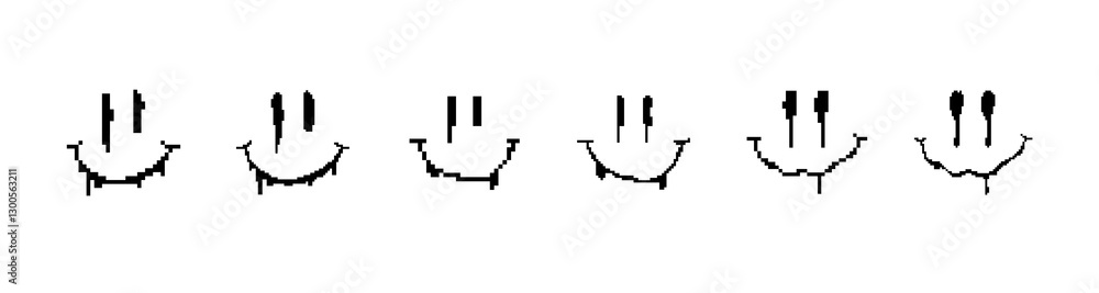 Poster five smiley faces with varying expressions, each uniquely pixelated in black, arranged in sequence.