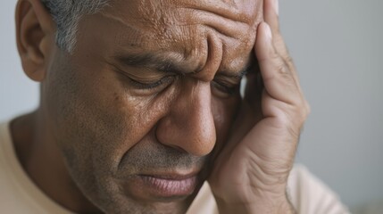 Fototapeta premium A distressed middle-aged man with a forehead furrowed in pain or worry.