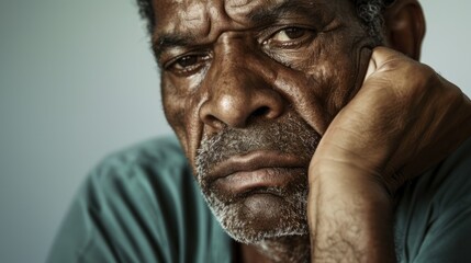 The image depicts an older man with a beard, wearing a blue shirt, sitting with his elbow resting on his chin, possibly in deep thought or contemplation.