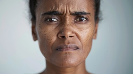 Obraz premium This is a close-up portrait of a person displaying an intense expression, with visible pores and furrows on their forehead, looking directly at the camera against a neutral background.