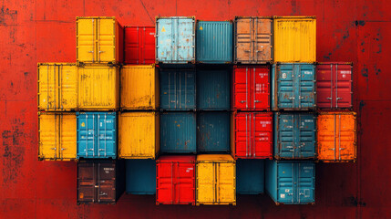 Fototapeta premium Aerial perspective of a shipping container factory, vibrant colored containers stacked in an organized pattern, loading cranes actively transporting goods