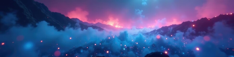 Fototapeta premium Soft and glowing blue bokeh lights blend into a rainbow-colored misty landscape, glowing mist, mystical scene