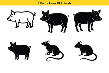 Obraz premium Vector Icons of Pigs and Rats in Black and White