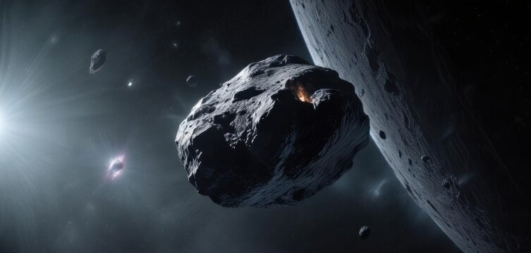 Icy asteroid drifting through dark interstellar space, space background,  galaxy