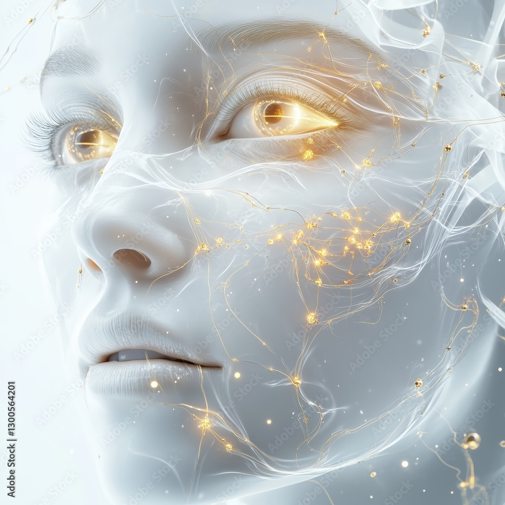 Poster ethereal face with glowing elements a blend of human form and light suggesting connection innovation