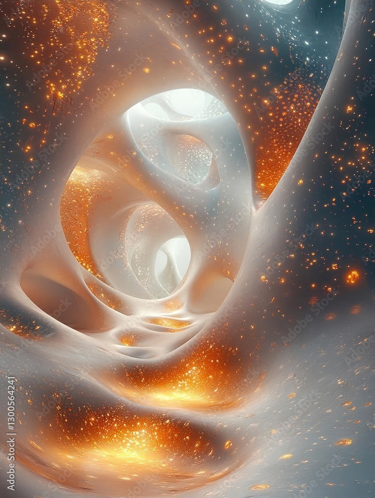 Poster abstract representation of a glowing tunnel with swirling patterns and luminous particles