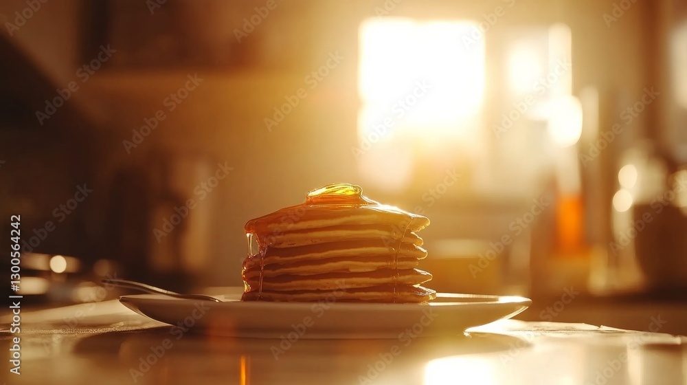 Poster a stack of fluffy pancakes sits on a plate, adorned with warm maple syrup, illuminated by soft kitch