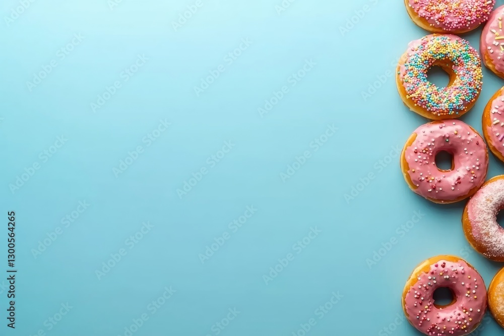 Poster close-up of neatly arranged donuts topped with colorful icing and sprinkles, set against a clean blu