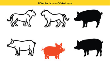 Obraz premium Vector Icons of Tigers and Pigs in Black, White, and Red