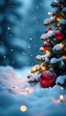 Snowy winter landscape with scattered ornaments and twinkle lights, Snowy landscape, Icy