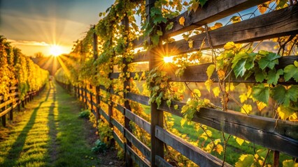 Golden Hour Vines A Rustic Wooden Fence Bathed in Sunlight's Embrace, Vines Cascading and Leaves Glowing