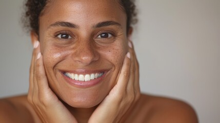 "Woman with radiant skin, smiling at camera."