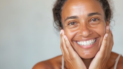 "Woman smiling at camera, holding face."
