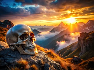 Misty peaks shroud an eerie skull, bokeh blurring the dramatic mountain landscape.