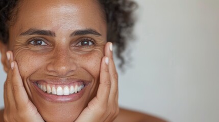"A smiling adult human female wearing a skincare mask."