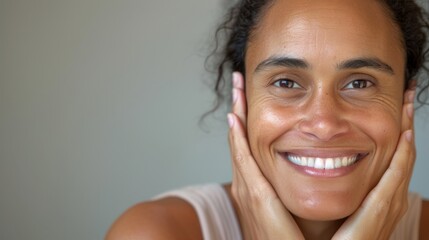 A smiling woman, likely mid-age, with a fair complexion, wearing a light blue top and looking directly at the camera.