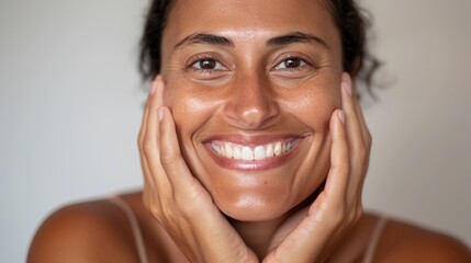 A woman with radiant skin smiles at the camera, radiating joy and positivity.