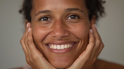 The image features a person, specifically a woman, smiling at the camera with her hands on either side of her face, showcasing a joyful expression.
