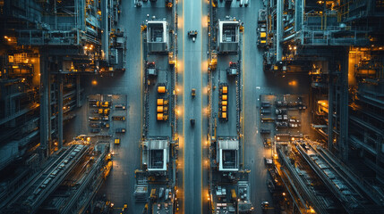 Aerial shot of an automotive manufacturing plant, assembly lines visible through skylights, test tracks surrounding the facility, and industrial transport in motion