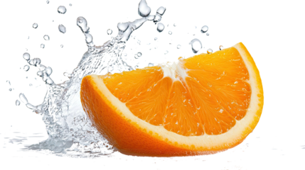 PNG. Juicy orange wedge with splashing water droplets isolated on a white background