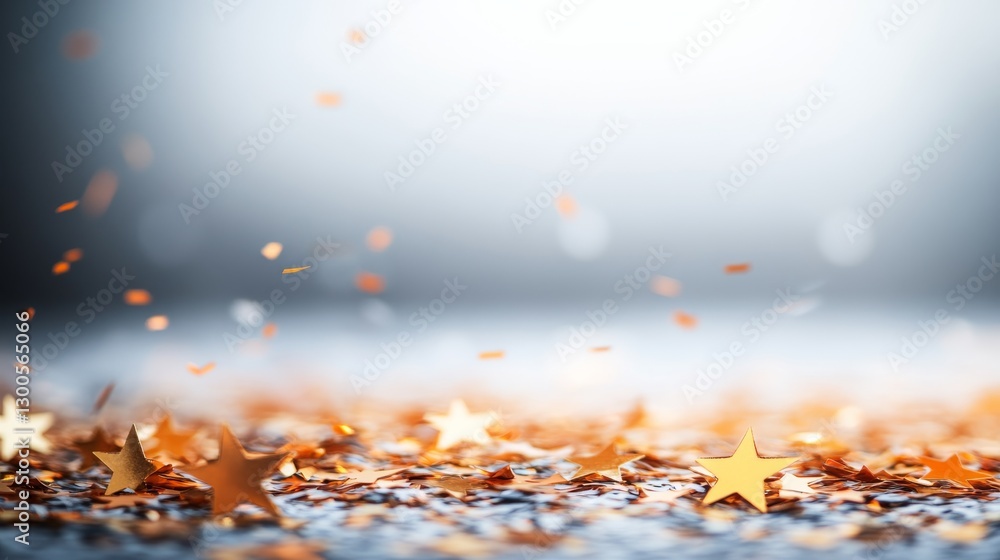 Poster golden star-shaped confetti sparkles on a white background, creating a shimmering effect and leaving