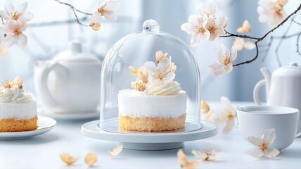 Elegant cake and tea set with cherry blossoms for a serene dessert experience.
