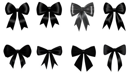 PNG. Elegant black bow set with different ribbon styles isolated on a white background