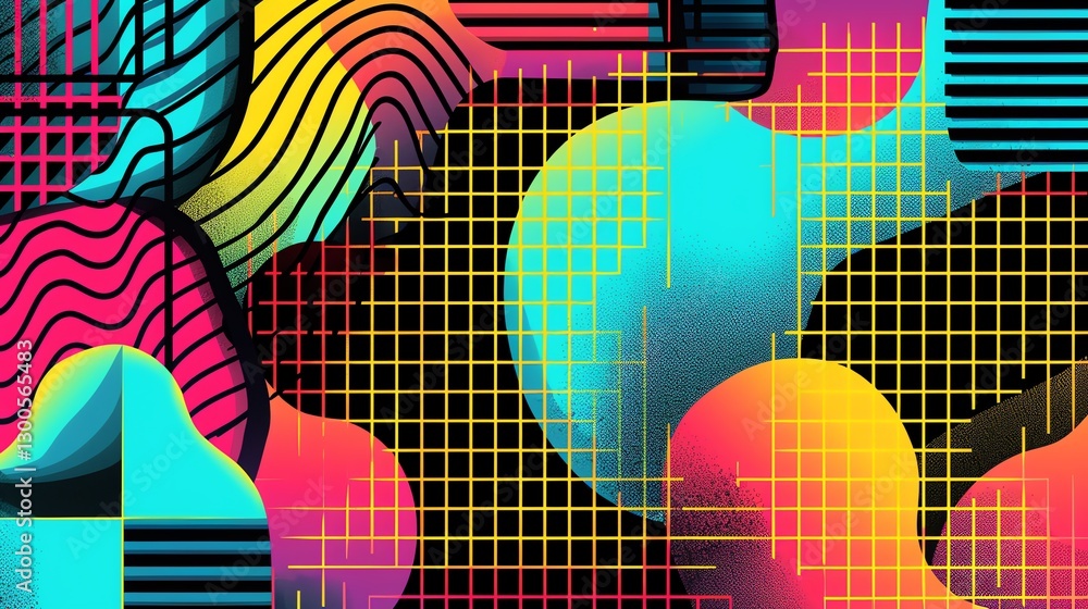 Poster an abstract pattern of geometric shapes and lines in vibrant colors on a dark background.