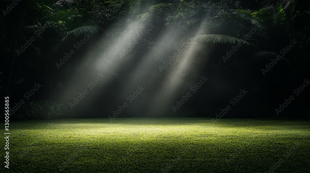 Poster sunlight filters through the thick leaves of a rainforest, casting intricate shadows on the vibrant 