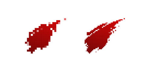 Two pixelated red blood splatters on a white background, resembling digital glitch horror art with a raw look.