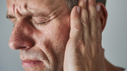 Fototapeta premium Aging man with a confused expression, holding his head with both hands near an ear.