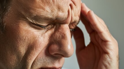 Fototapeta premium A distressed man with a headache holds his hand to his forehead.