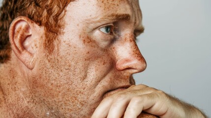 Fototapeta premium The image captures a man deep in thought, with a distinct red freckle pattern on his face.