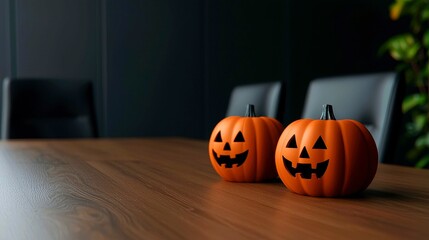 Halloween Pumpkins on a Wooden Conference Table in a Corporate Office Environment for Holiday Season