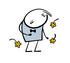 Popular actor on stage bows to the audience after the performance. Vector illustration of a cartoon male actor in a theater or singer in an opera, people throwing and giving flowers. 