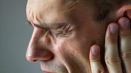 Obraz premium The image features a man with his hand on his head, appearing stressed or concerned.