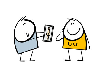 Vector illustration of a stickman makes a gift for a girl on a holiday. Cartoon man gives a woman an expensive gold watch. Happy lady is delighted. Isolated on white background.