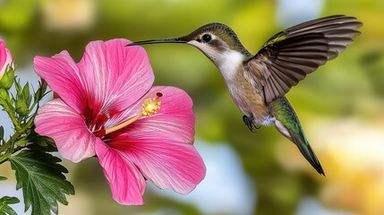 Obraz premium Hummingbird hovering near vibrant hibiscus flower in a lush garden during warm afternoon